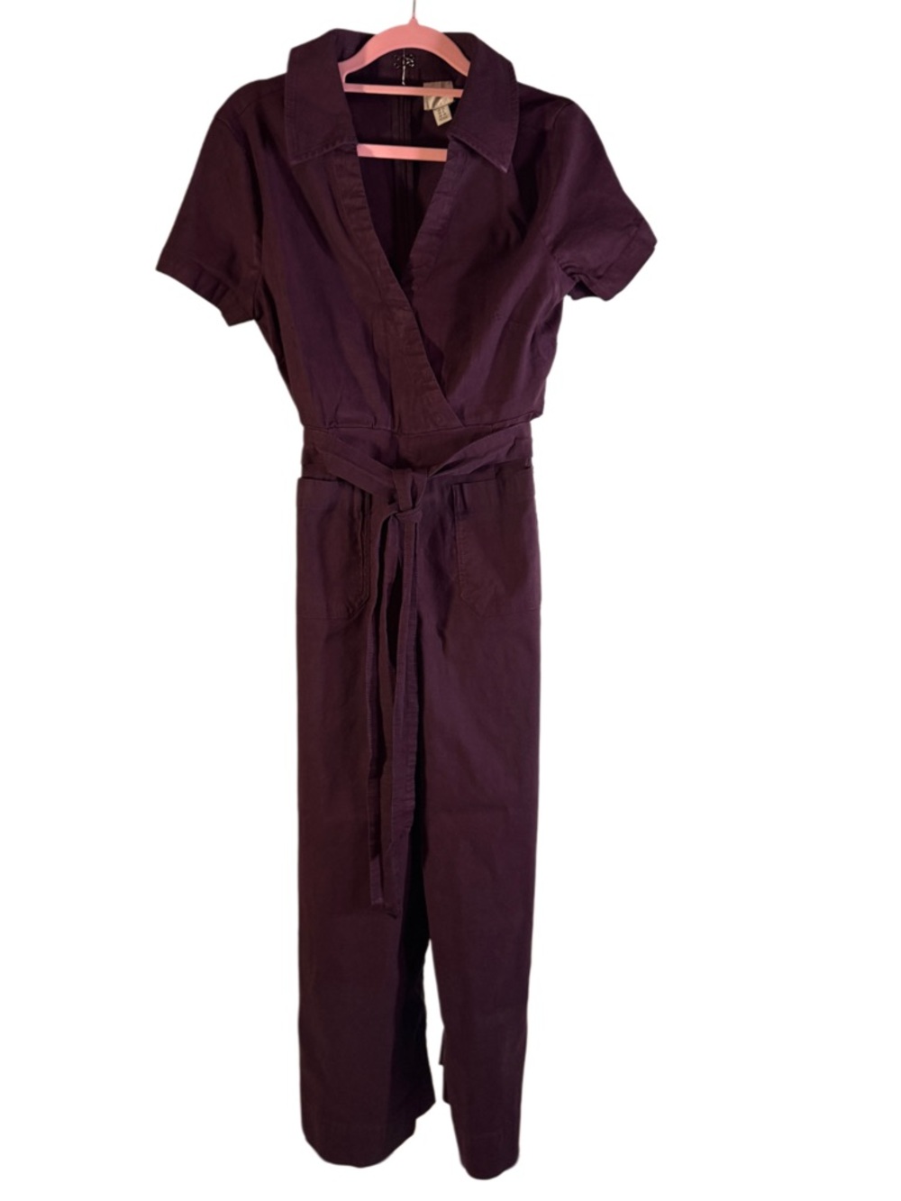 Maeve Anthropologie Plum Linen Blend Wrap Jumpsuit Size 8 Short Sleeve Tie Waist